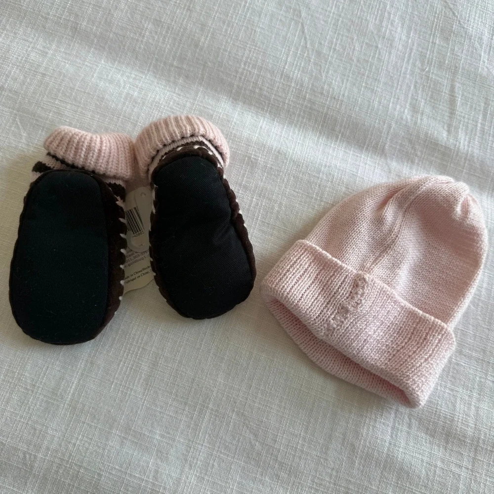 Gold Bug Baby Pink Brown Striped Knit Booties and Beanie Hat Set Size 2 3-6 M
